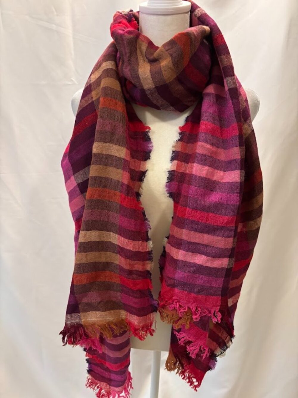 Echo Multicolor Striped Fringe Scarf in Pink, Red, Purple, Brown